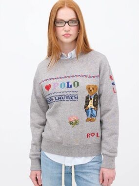 Polo Ralph Lauren Gray Polo Bear Embroidered Crewneck Sweater Small